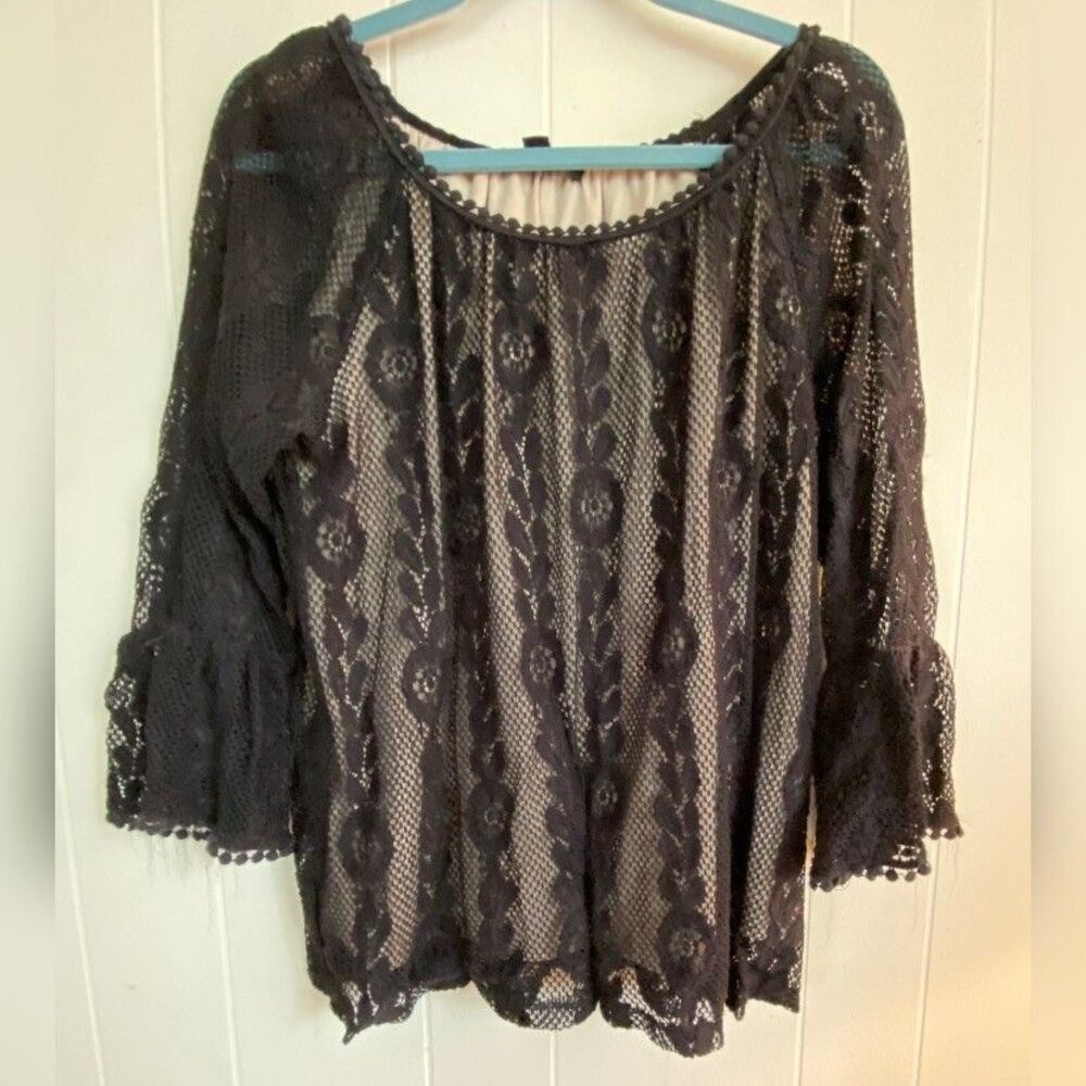GNW Blouse Women’s Medium Black Lace Overlay Bell Sleeves Whimsigoth Fairy Witch